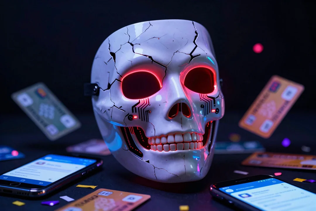 Imagem ilustrativa de uma pessoa usando smartphone em meio à folia do Carnaval, com ícones de alerta sobre golpes digitais.