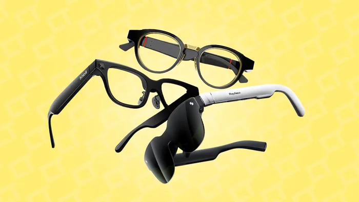 Três óculos inteligentes de diferentes marcas dispostos lado a lado, representando a inovação em tecnologia vestível com IA.