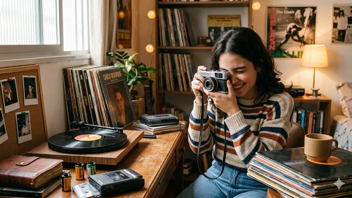 Jovem tirando foto com uma câmera digital retrô, que lembra os modelos 'cybershot' antigos, com foco na tendência de retorno ao analógico e à desconexão.