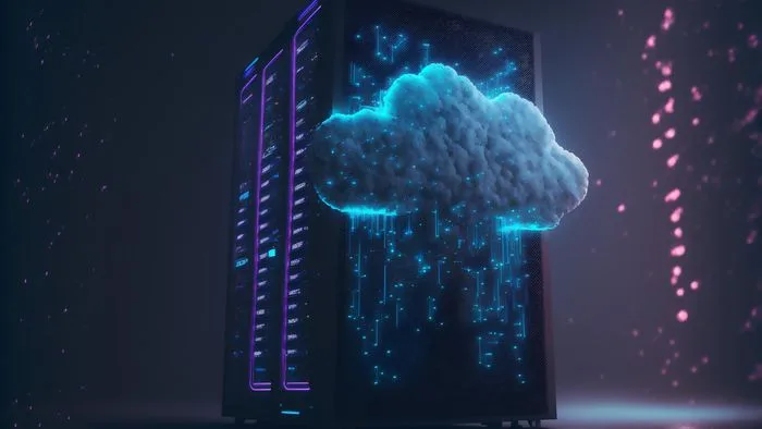 Pessoa em frente a um computador, ao fundo um infográfico futurista, simulando a complexidade dos gastos em nuvem e a necessidade de visibilidade financeira.
