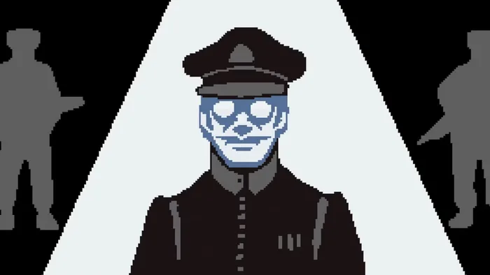 Cena do jogo Papers, Please, desenvolvido por Lucas Pope, com o personagem principal sentado em uma cabine de controle de fronteira de um país fictício.
