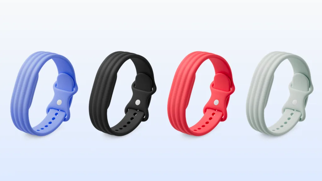 Três imagens exibem diferentes pulseiras (ativa, de desempenho e elevada) para o novo Fitbit Air sem tela, destacando seu design elegante e discreto no pulso, em várias cores e texturas.