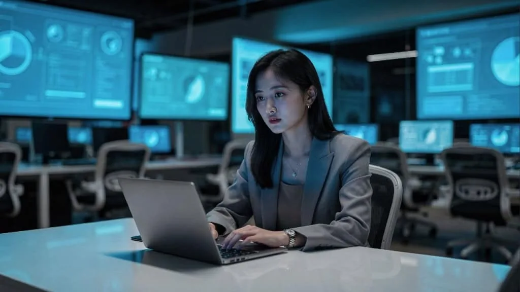 Cena de dorama futurista mostrando pessoa interagindo com interface digital de namoro virtual, refletindo o tema de IA e relacionamentos.