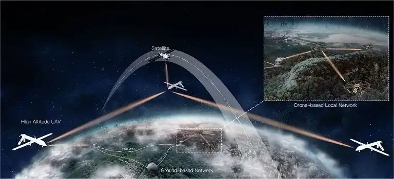 Drone moderno sobrevoando uma cidade, simbolizando vigilância segura e tecnologia avançada com criptografia quântica.