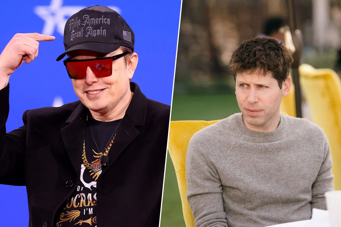 Imagem de um Tesla com legenda 'Testemunha disse que Elon Musk tentou levar Sam Altman para a Tesla'
