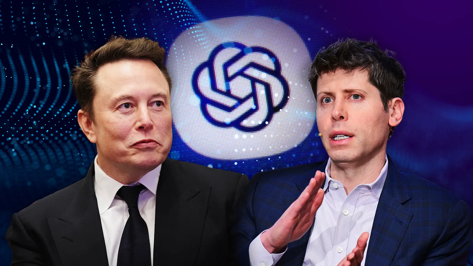 Sam Altman, CEO da OpenAI, e o empresário Elon Musk em destaque, simbolizando o confronto entre as duas figuras no julgamento.