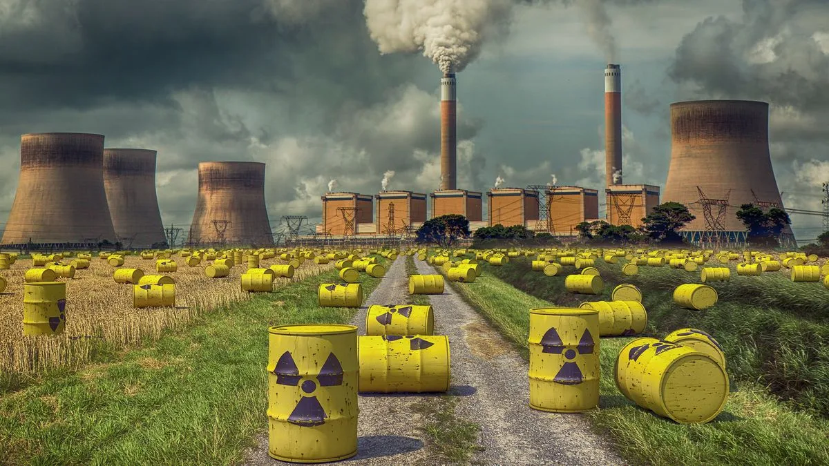 Desenho de um barril de lixo nuclear sendo depositado em uma caverna subterrânea, ilustrando o armazenamento geológico profundo.