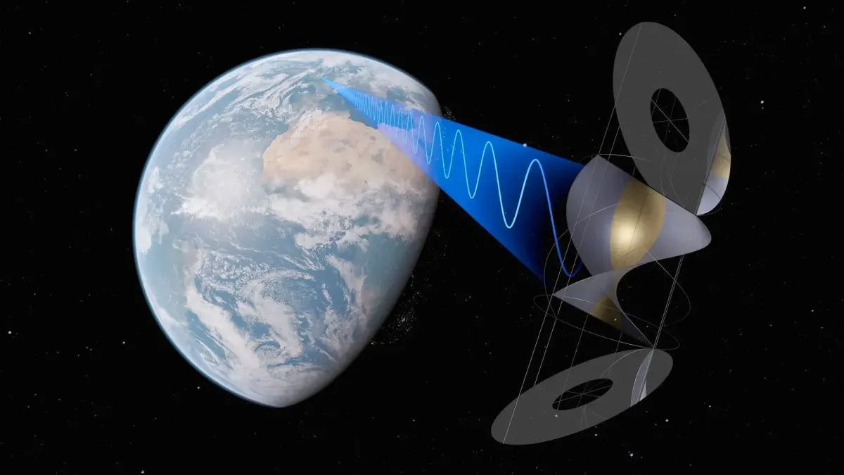 Ilustração de um satélite coletando energia solar no espaço e transmitindo para uma estação receptora na Terra. Foco na inovação e na energia renovável.