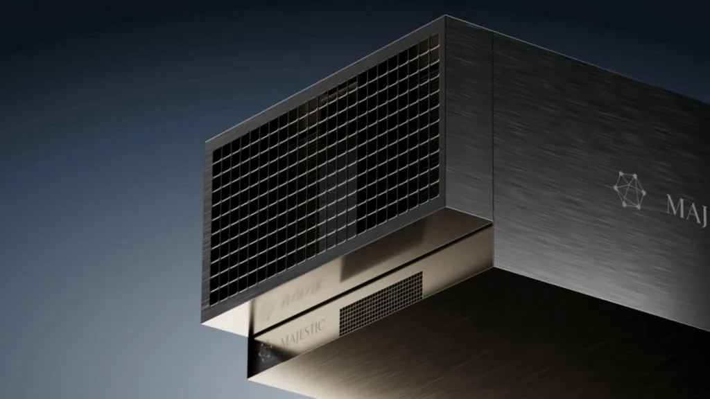 Detalhe de um sistema de servidores da Majestic Labs, mostrando múltiplos módulos interconectados para processamento de IA.