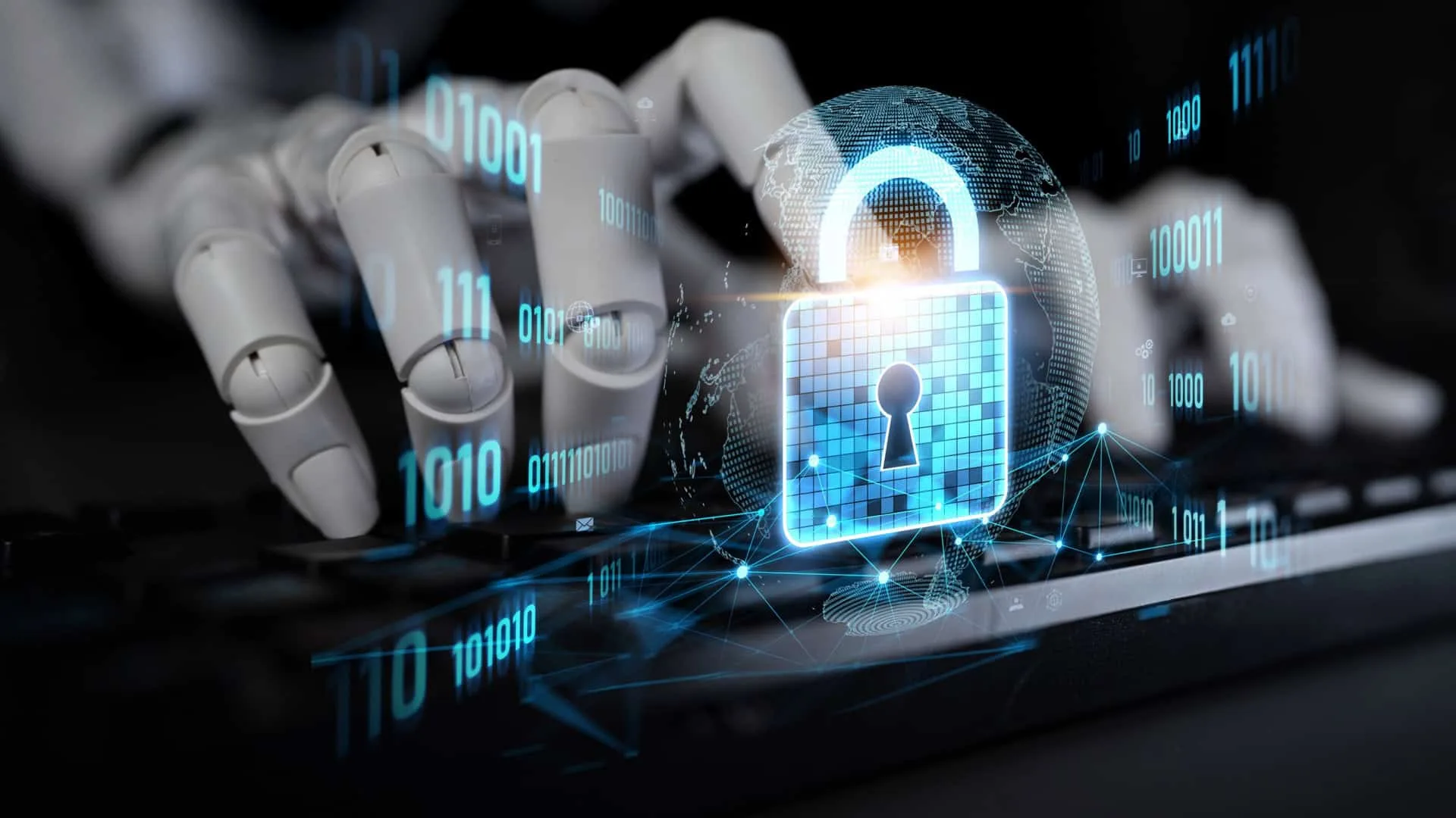 Pessoas trabalhando em computadores com gráficos e componentes de IA flutuando ao redor, simbolizando a interação humana com a inteligência artificial e a tecnologia.