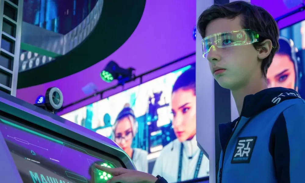 Robô futurista interagindo com telas de computador e dados digitais, simbolizando o avanço da inteligência artificial na próxima década