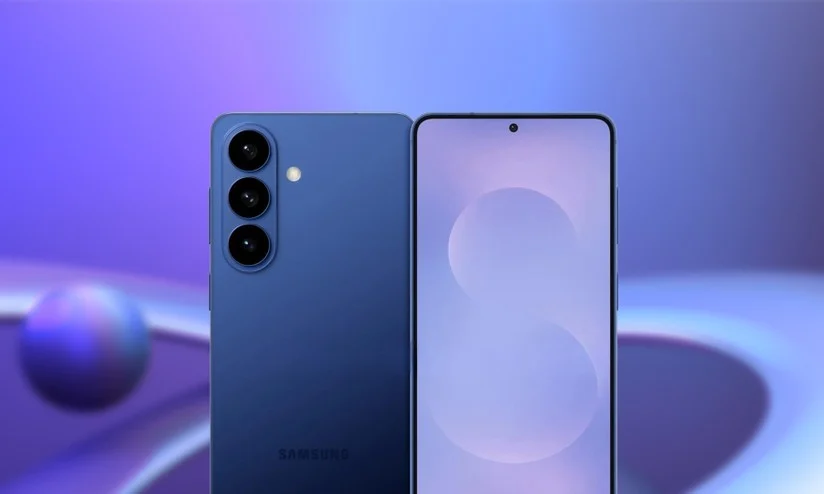 Imagem conceitual do Samsung Galaxy S26 com design moderno e interface de IA exibida na tela.