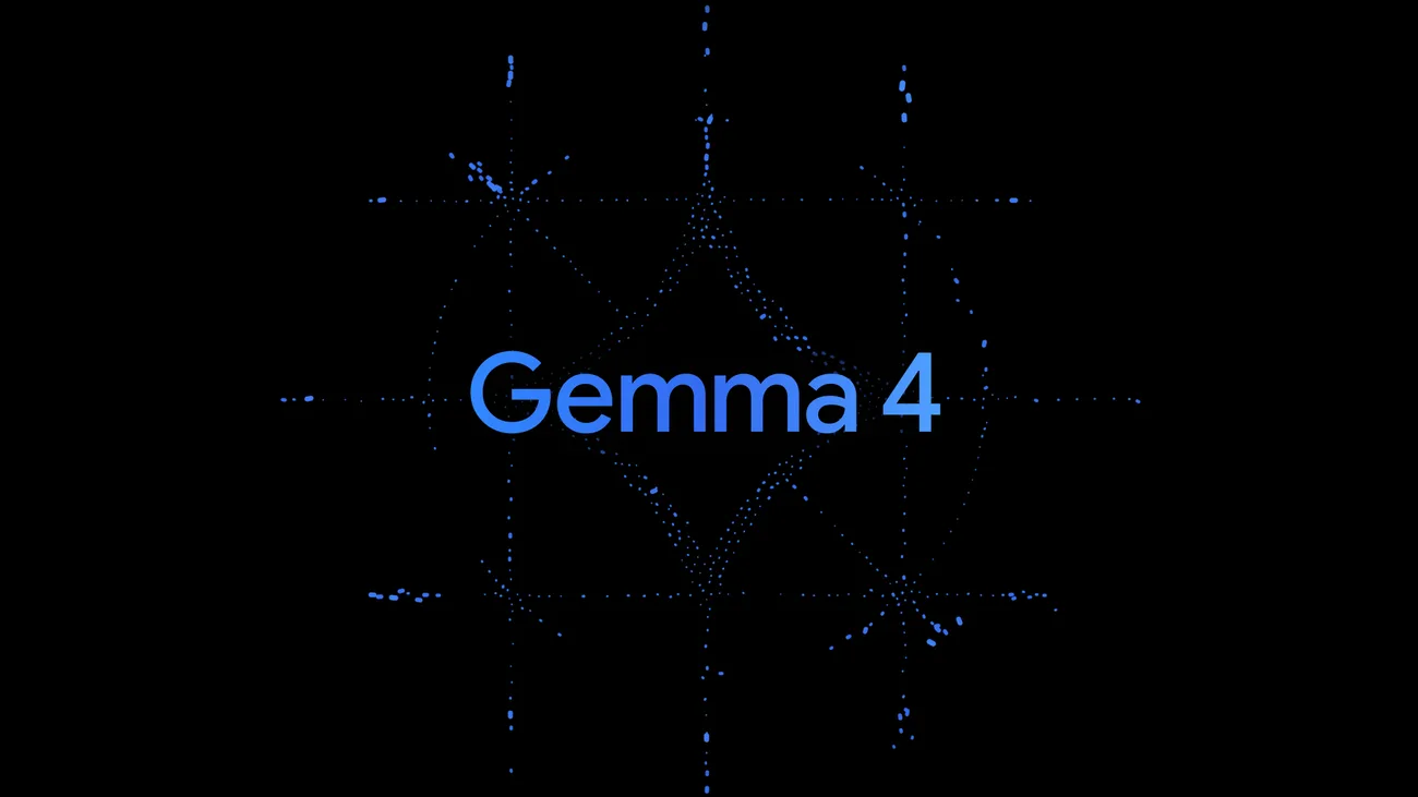 Logotipo do Google DeepMind com o nome Gemma 4 e elementos visuais que representam inteligência artificial e conectividade de rede, destacando um modelo de IA aberta.