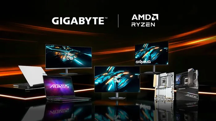 Imagem de diversos produtos Gigabyte AORUS, incluindo um notebook, um monitor e uma placa-mãe, todos destacados com o logo da Gigabyte e AMD.