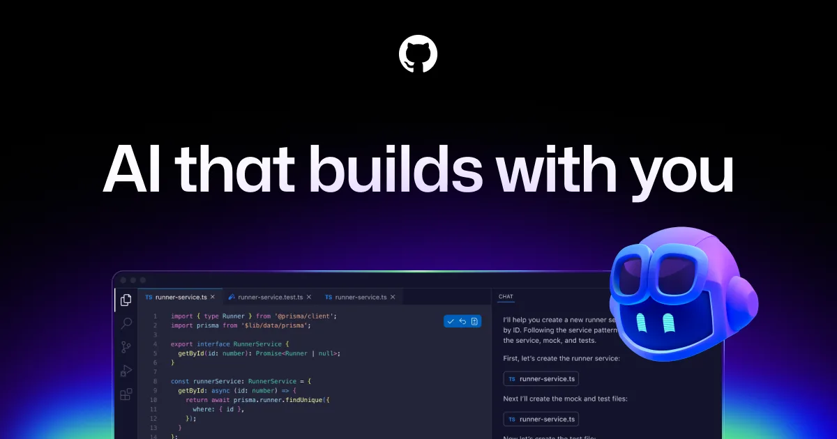 Interface do Visual Studio Code com GitHub Copilot Chat aberto, mostrando um prompt de código e a assistência da IA na construção de um aplicativo.