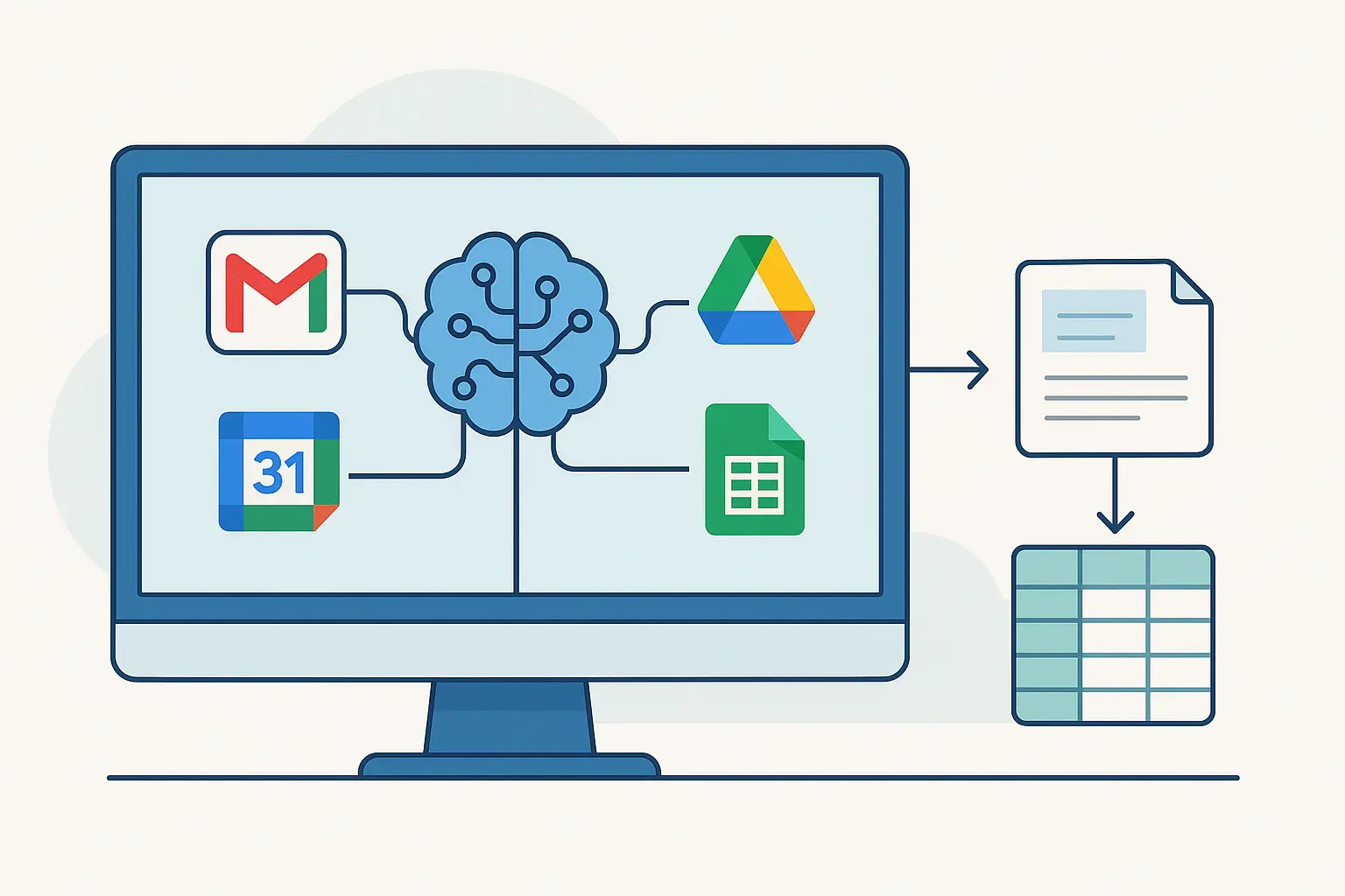 Logo do Google e ícones do Gmail e Drive, representando a integração de agentes de IA.