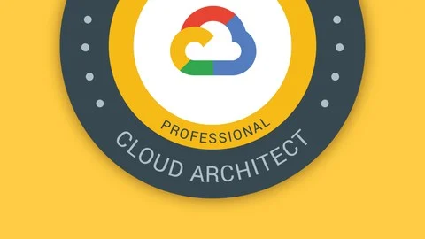 Profissional estudando para o exame de certificação Google Cloud Professional Cloud Architect, com diagramas de nuvem ao fundo.