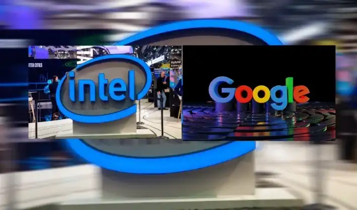 Logos do Google e da Intel lado a lado, simbolizando a parceria para o desenvolvimento de chips de inteligência artificial.
