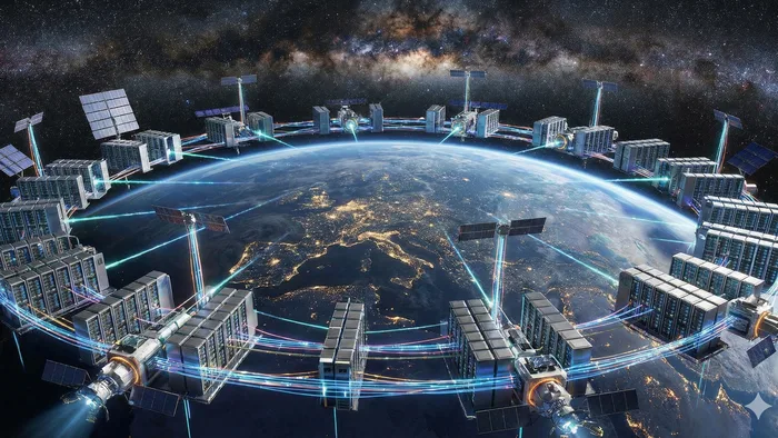 Ilustração de um foguete espacial lançando satélites ou equipamentos para o espaço, com uma representação estilizada da Terra ao fundo.