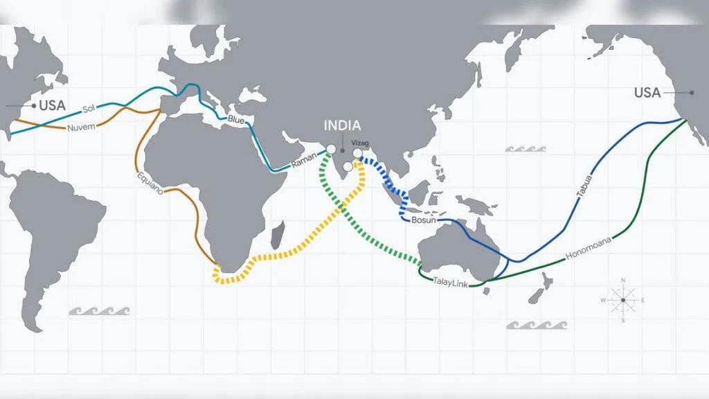 Mapa ilustrando as novas rotas de cabos submarinos do projeto America-India Connect do Google, conectando EUA, Índia e outros continentes.