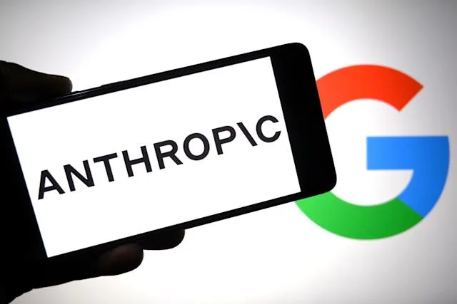 Logos do Google e Anthropic, com o símbolo de dólar e elementos que representam investimento e tecnologia de IA.