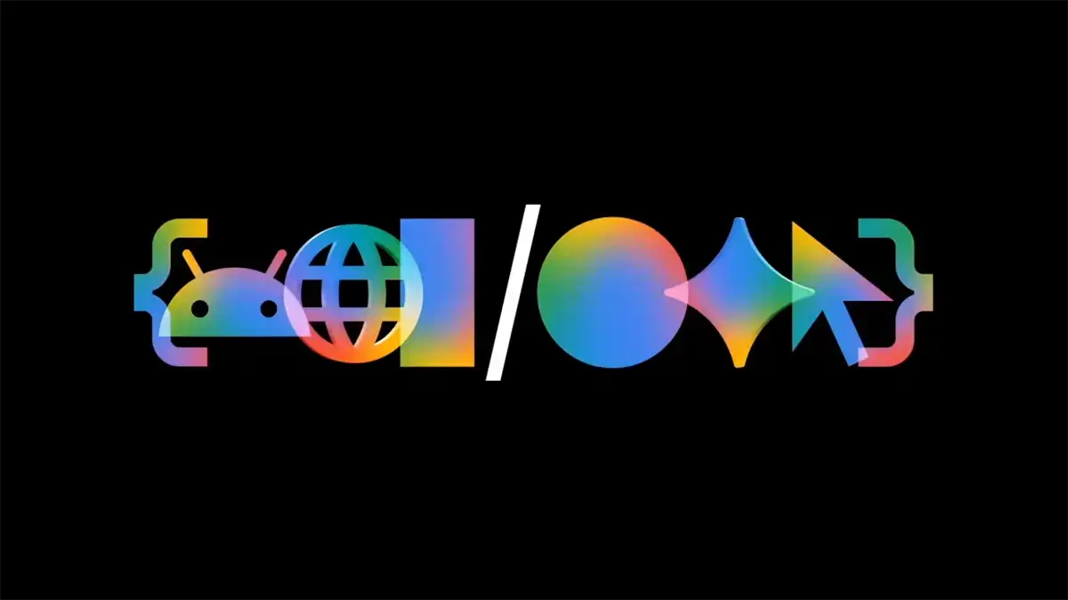 Logotipo do Google I/O em um fundo tecnológico, simbolizando inovação e desenvolvimento de software.