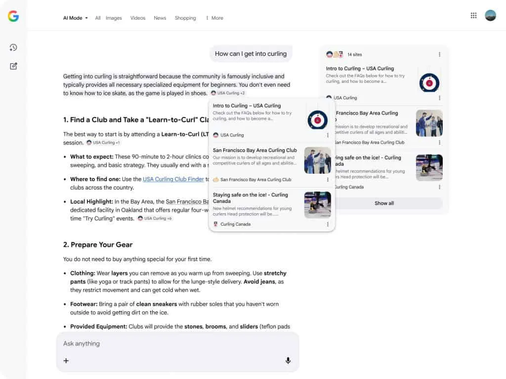 Captura de tela mostrando a interface do Google AI Overviews com links destacados em uma janela pop-up, ilustrando a nova exibição de resultados.