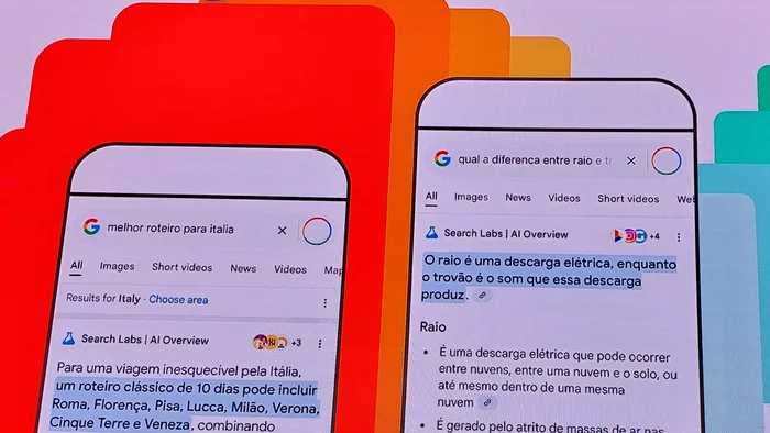 Representação gráfica do logotipo do Google, ícones de inteligência artificial e barras de busca, simbolizando a interação entre IA e pesquisa online.