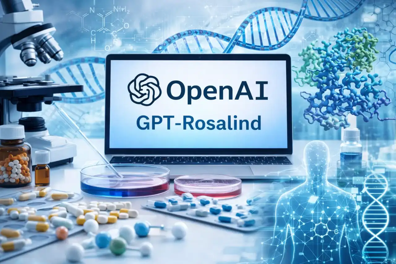 Cérebro robótico interagindo com moléculas e dados científicos, representando o GPT-Rosalind em ação na pesquisa.