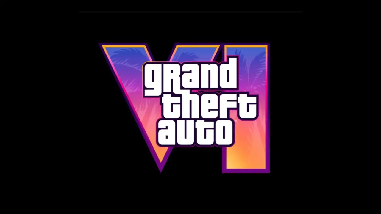 Logotipo de Grand Theft Auto VI (GTA 6) sobre um fundo escuro, com as letras estilizadas e a data 'VI' em destaque.
