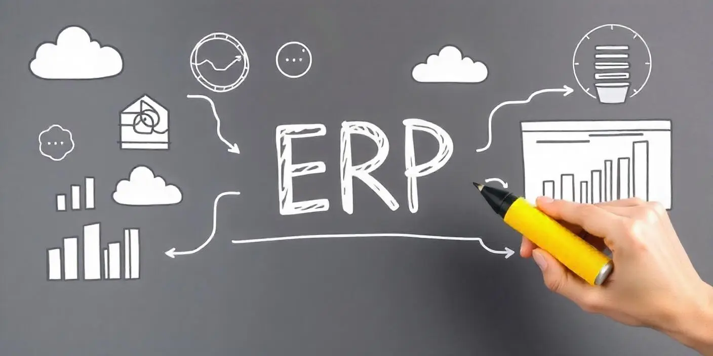Mãos digitando em um teclado de computador com gráficos e ícones de negócios flutuando, representando a complexidade e a análise na seleção de um sistema ERP.