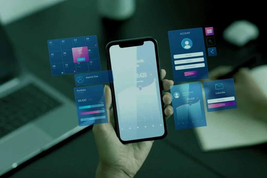 Uma ilustração futurista mostrando um robô ou inteligência artificial programando código-fonte de um aplicativo Android rapidamente.