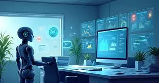 Ilustração de gráficos financeiros em queda com uma figura robótica ao fundo, simbolizando o impacto da IA na economia.