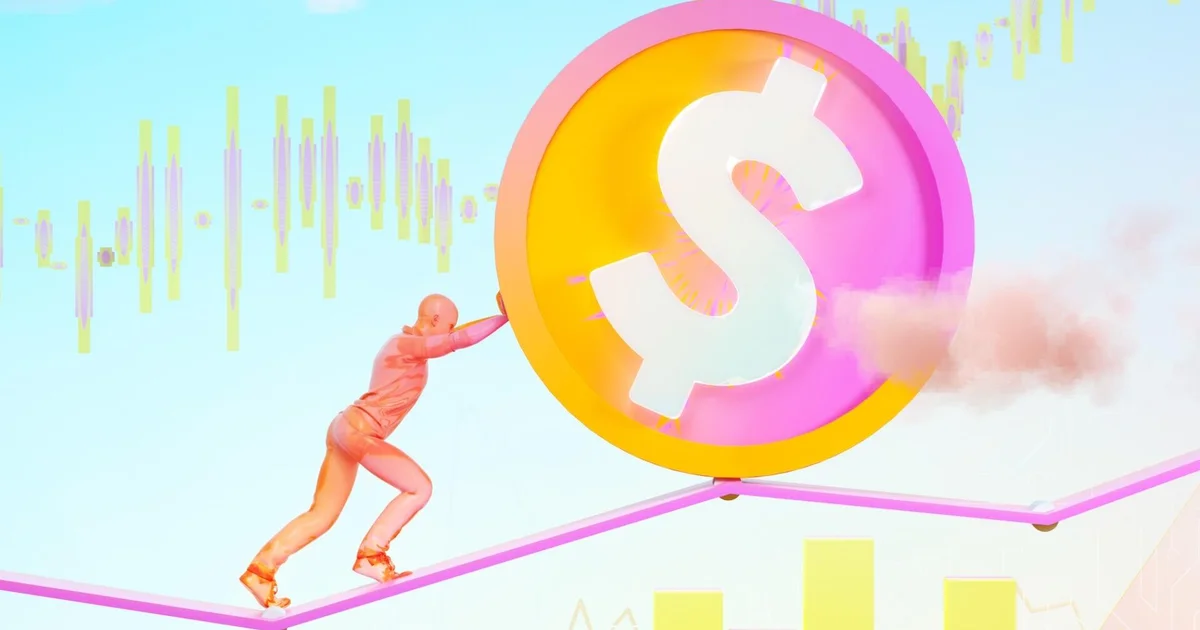 Pessoa analisando gráficos financeiros em uma tela com elementos de inteligência artificial sobrepondo-se.