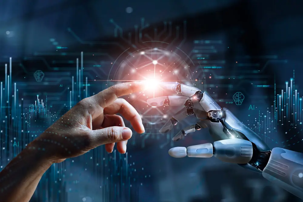 Pessoa observando um gráfico de inovação subindo numa tela digital com elementos de inteligência artificial ao redor