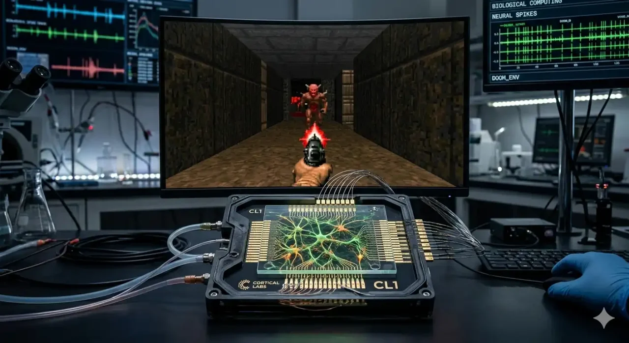 Imagem ilustrativa de cérebro com chips e código, representando IA e notícias tecnológicas.