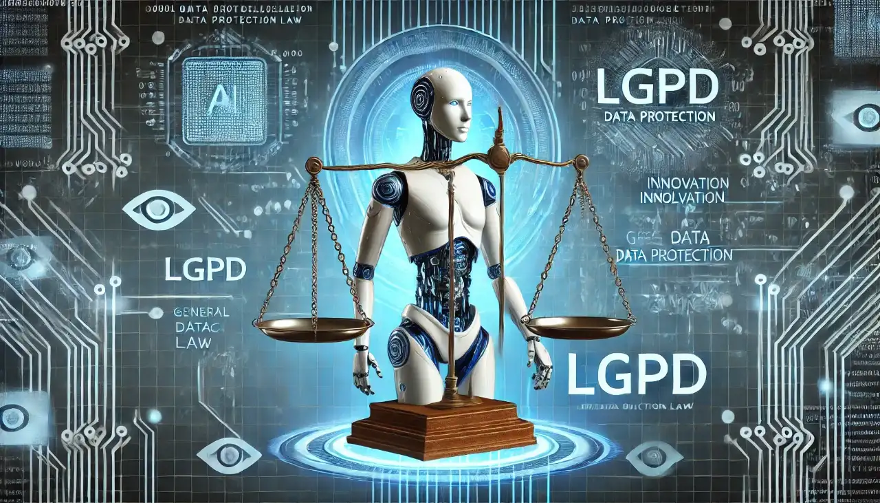 Uma silhueta humana rodeada por elementos digitais e ícones de privacidade, simbolizando a interação entre humanos e IA e a proteção de dados.