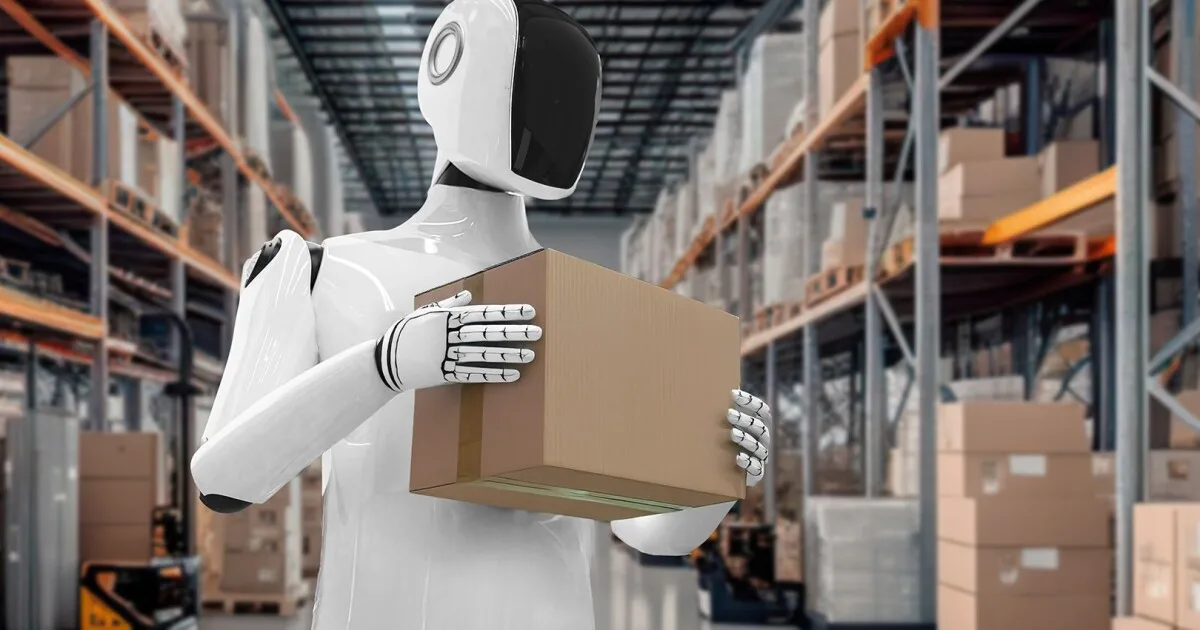 Robô humanoide de alta tecnologia com elementos de circuitos integrados e inteligência artificial ao fundo