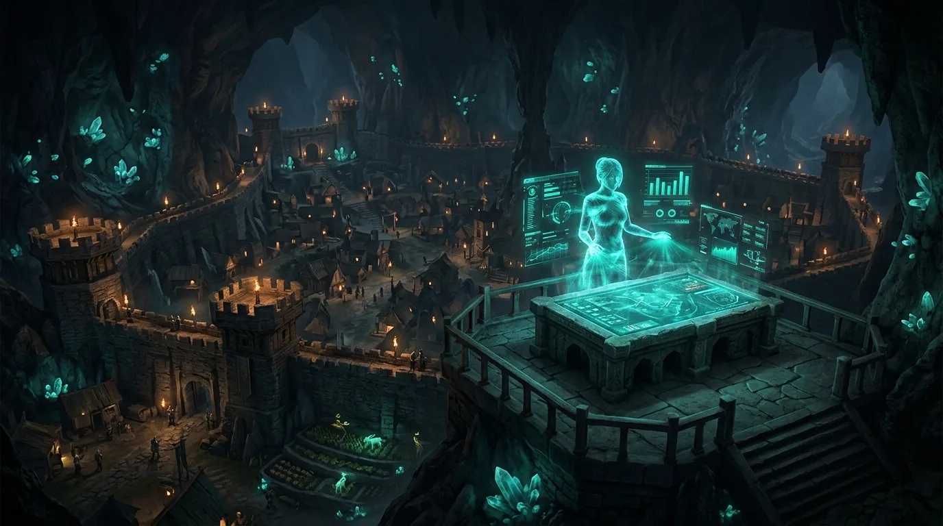 Imagem conceitual de uma fortaleza em um jogo com elementos de tecnologia e inteligência artificial