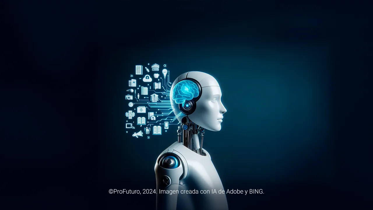 Cérebro robótico criando elementos artísticos representando a IA generativa