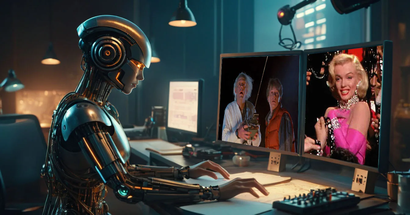 Um robô ou agente de IA com elementos gráficos que simbolizam a criação de imagens e vídeos, como ícones de câmera e paleta de cores, tudo em um tom futurista e tecnológico.