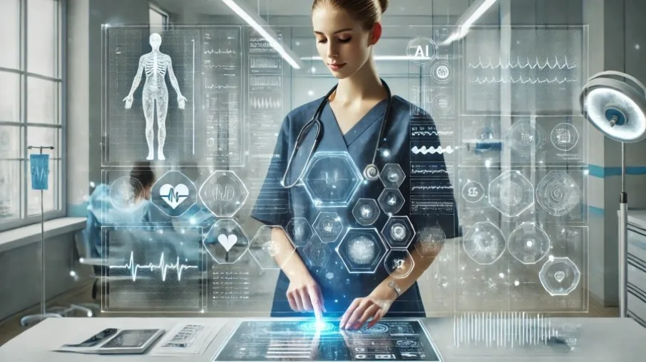 Visualização futurista de moléculas e dados digitais, simbolizando a fusão entre inteligência artificial e ciências da vida.