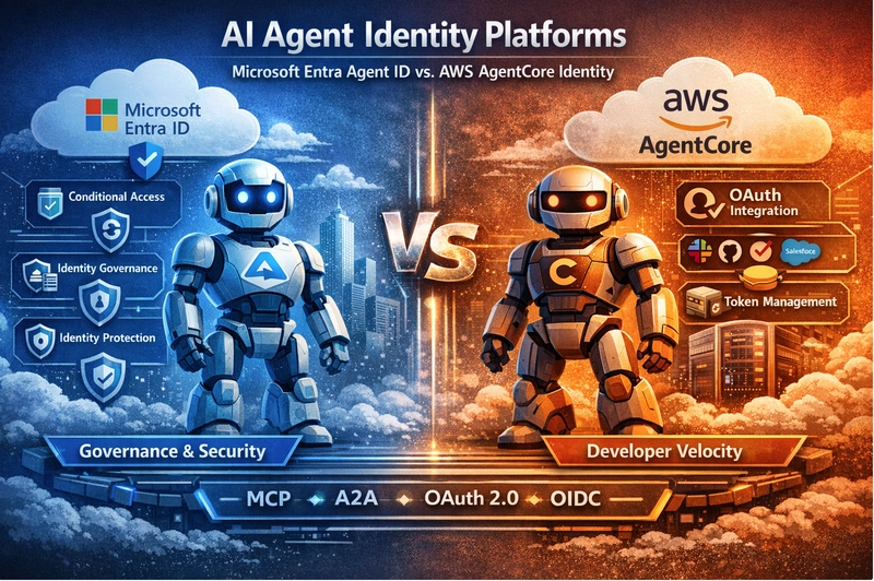 Representação visual de identidades digitais e agentes de IA conectando-se a serviços em nuvem.