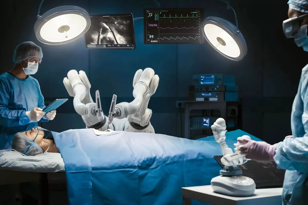 Médico e robô cirúrgico colaboram em uma sala de operação de alta tecnologia, simbolizando a IA na medicina.