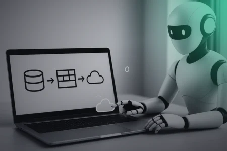 Representação visual de fluxo de dados assistido por IA, com ícones de código, APIs e bancos de dados como DuckDB.