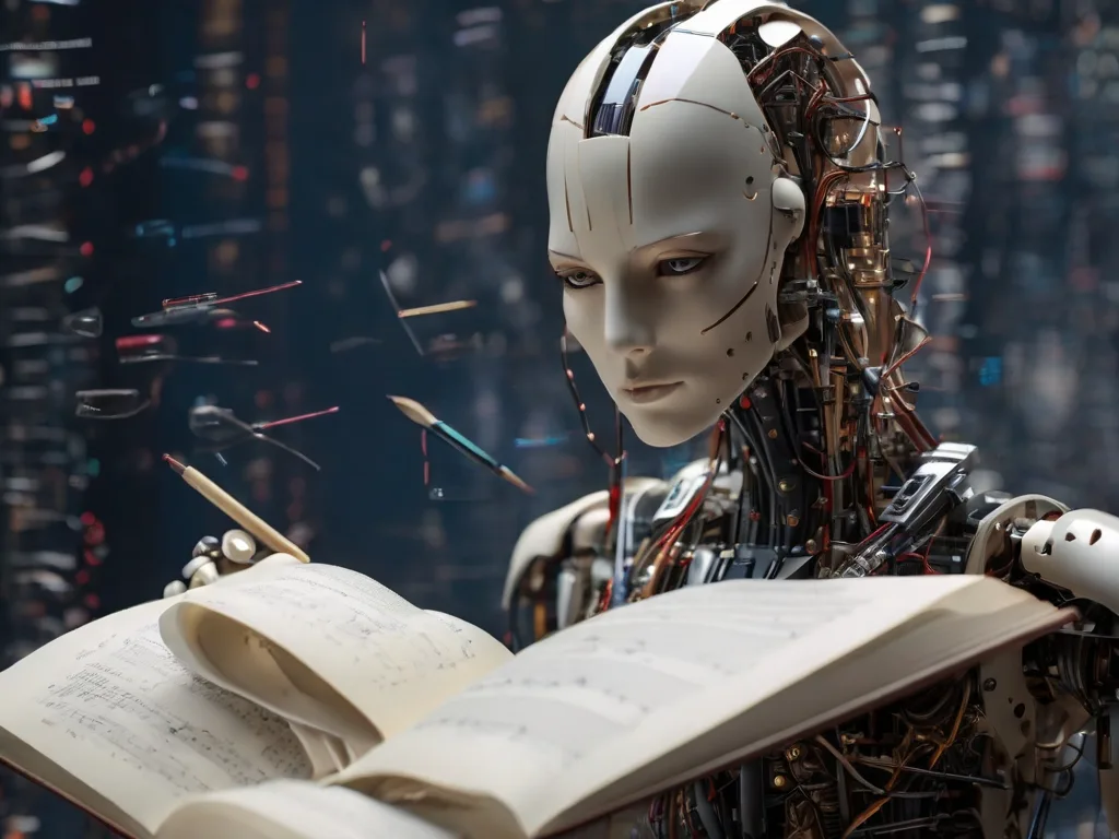 Mãos humanas e robóticas se tocam acima de um livro, simbolizando a interação entre IA e literatura no futuro da escrita e edição de obras.