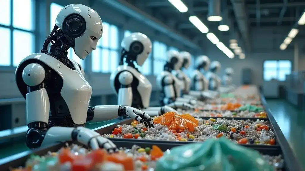 Esteira de reciclagem com diferentes tipos de lixo sendo separados, com destaque para a atuação da Inteligência Artificial