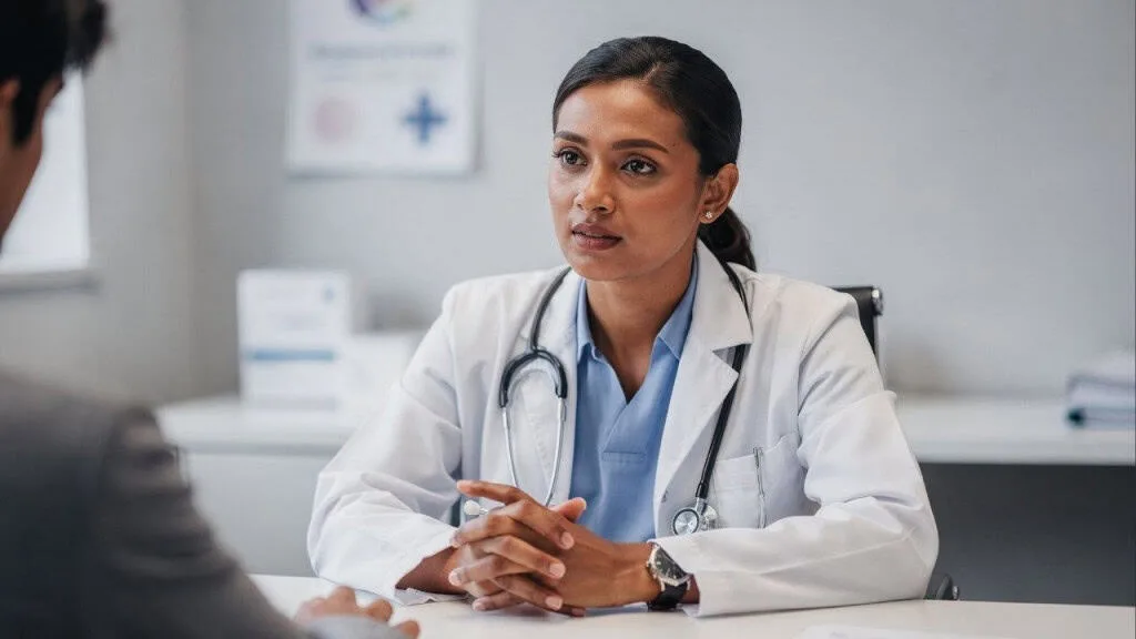 Inteligência Artificial (IA) auxiliando em um diagnóstico médico, com ícones representando a integração entre humanos e tecnologia.