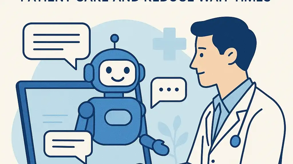 Paciente interagindo com um chatbot de IA em um tablet, ilustrando a aplicação de tecnologia nos serviços de saúde.