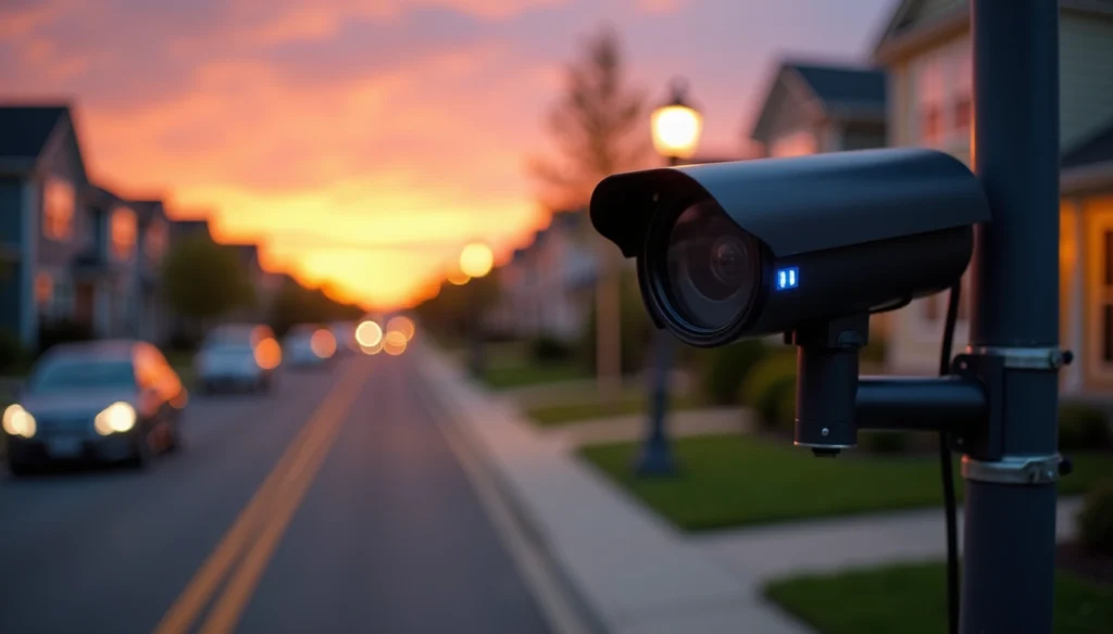 Câmera de vigilância com luz azul e elementos digitais sobrepostos, simbolizando a Inteligência Artificial monitorando ruas de uma cidade.
